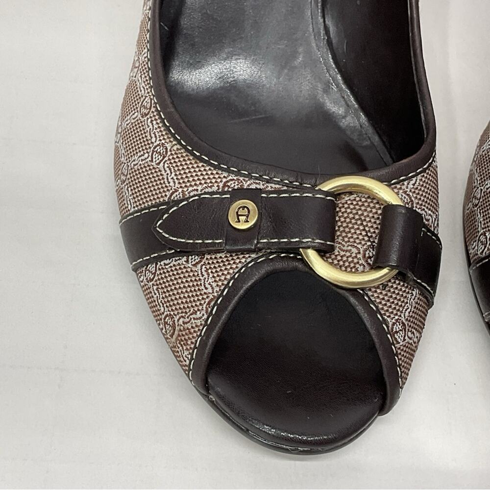 Etienne Aigner Copa Pumps Woman’s 10 Logo Fabric Lether Upper Peep Toe Career - Picture 3 of 11